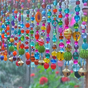 Boho Beaded Valance: Colorful Window Curtain with Brass Bells