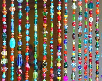 Unique Home Decor, Colorful Bohemian Glass Bead Curtain With Brass Bells in varying lengths, boho window décor, eclectic home decor
