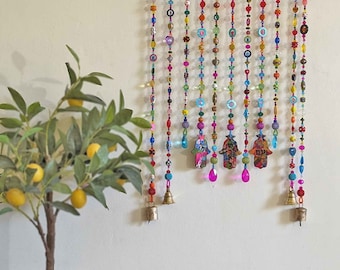 Boho Home Decor Colorful, Handmade Glass Bead Mobile Suncatcher with hamsa and brass bells