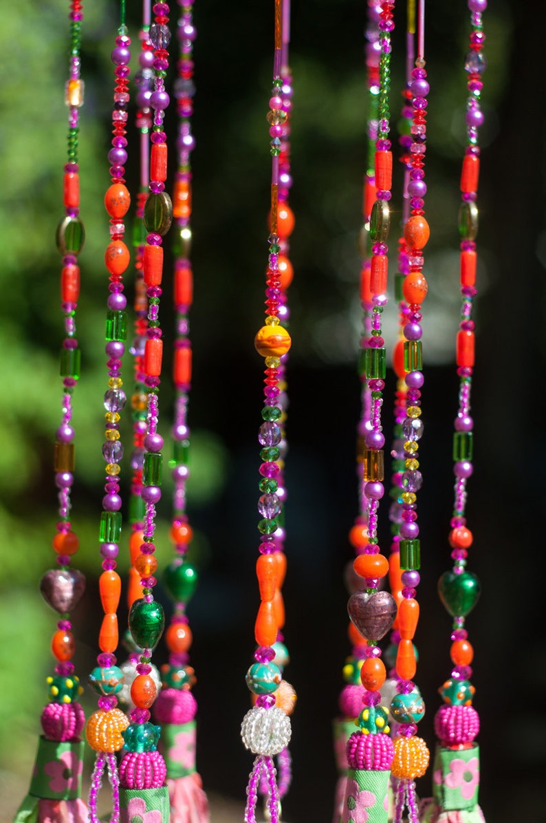 Beaded Wind Chime with Brass Bells and Fabric Tassels - Bohemian Mobile