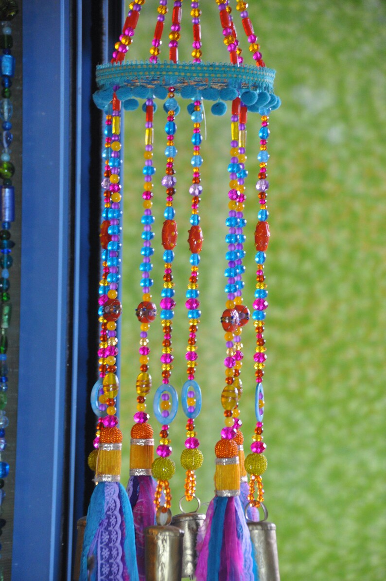 Colorful Sun Catcher Beaded Mobile With Brass Bells and Fabric Etsy