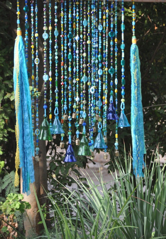 Beaded Curtain With Glass Bells Brass Bells And Fabric Tassels Etsy