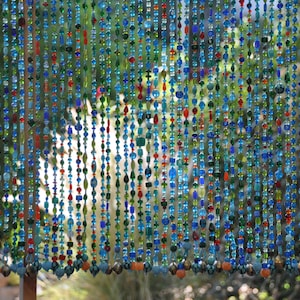 Handmade Beaded Curtain: Blue Turquoise, Green, Red-Orange Bohemian Decor