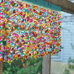 Colorful Glass Beaded Window Valance: Boho Sun Catcher with Bells