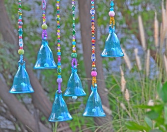 unique home decorTurquoise Blue Glass-Blown Bell On Beaded String (Made to Order)