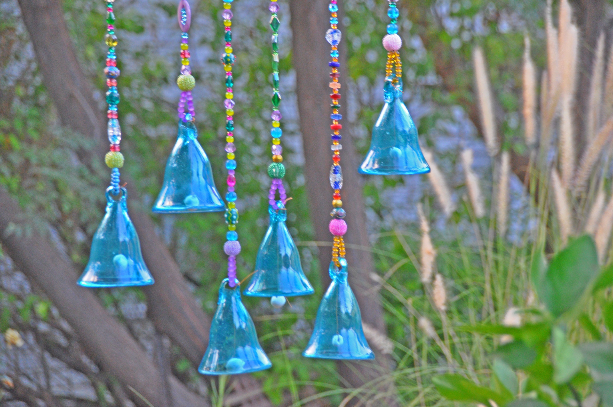 Beaded hanging Turquoise glass bells Garden decoration Boho Etsy