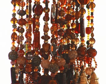 Boho Beaded Window Curtain: Amber, Brown, Green Glass Beads, Brass Bells