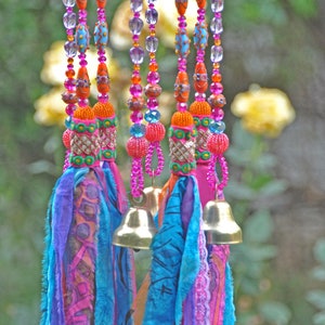 Beaded Wind Chime: Fuchsia, Turquoise, Orange Glass Beads & Bells