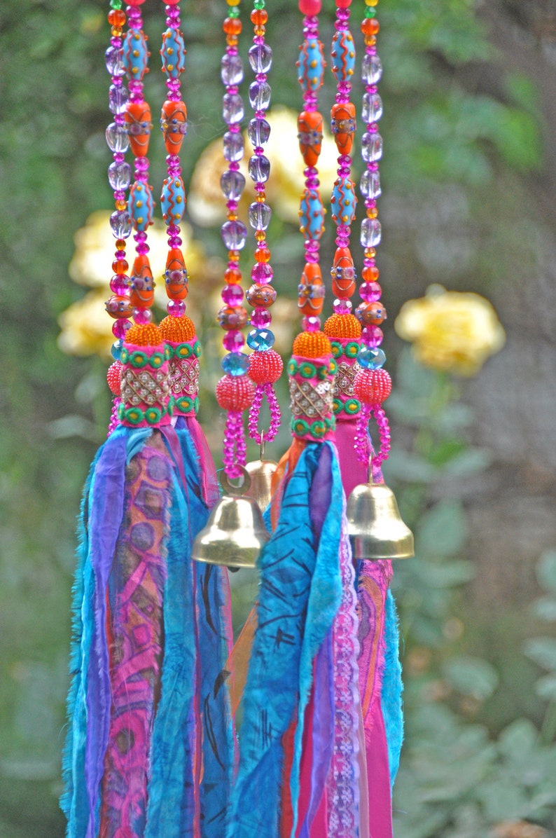 Beaded Wind Chime: Fuchsia, Turquoise, Orange Glass Beads & Bells