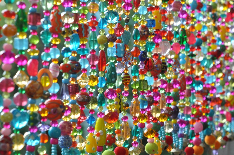 Colorful Glass Beaded Window Valance: Boho Sun Catcher with Bells