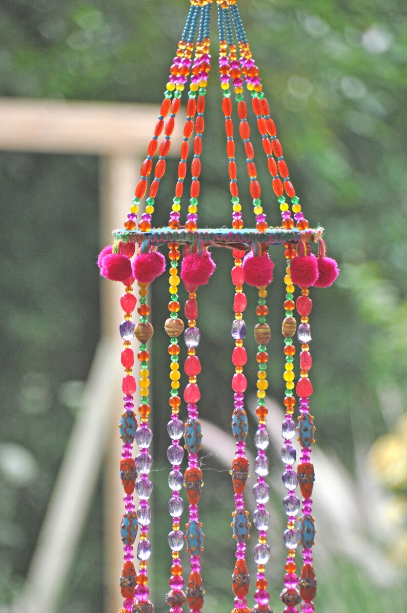 Beaded Wind Chime: Fuchsia, Turquoise, Orange Glass Beads & Bells