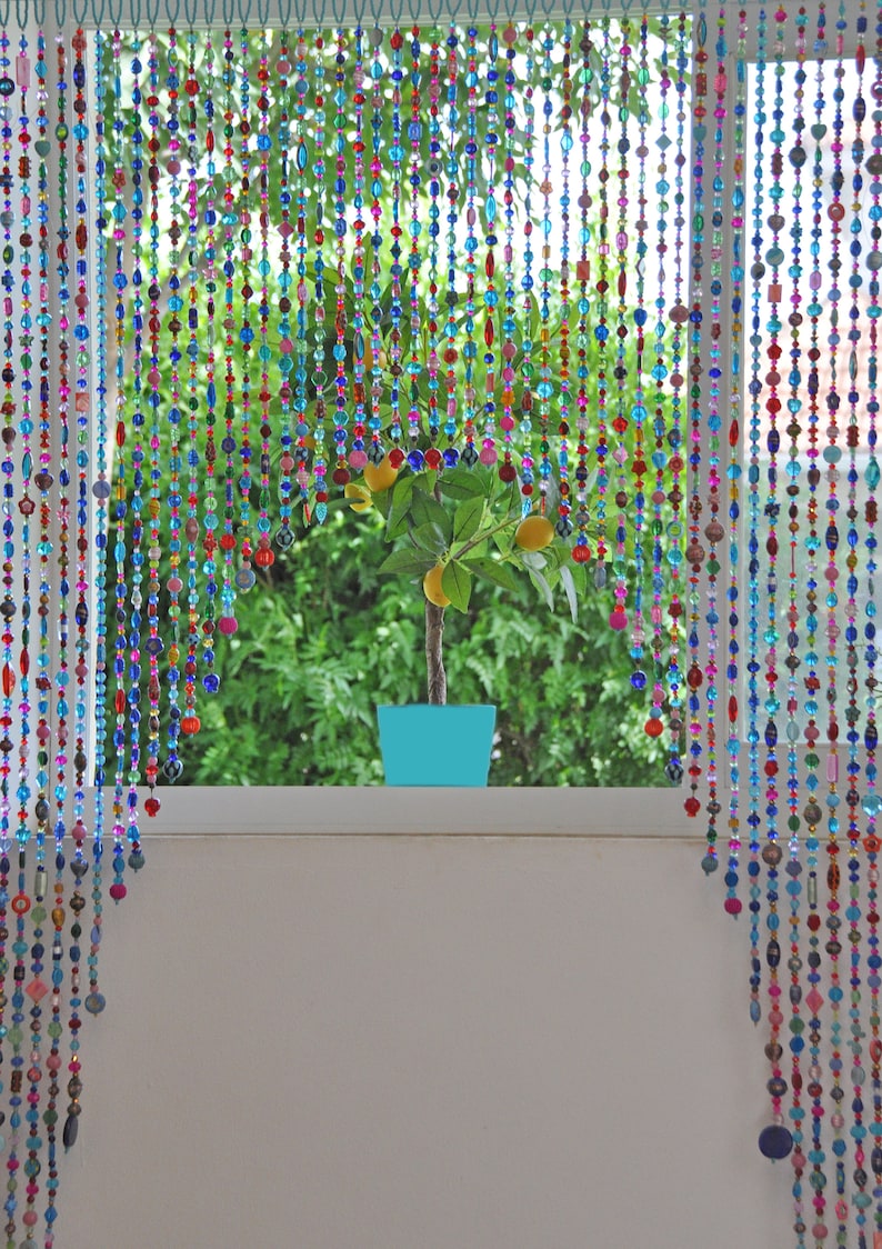 Artistic Beaded Doorway Curtain: Turquoise, Pink, Gold Arch