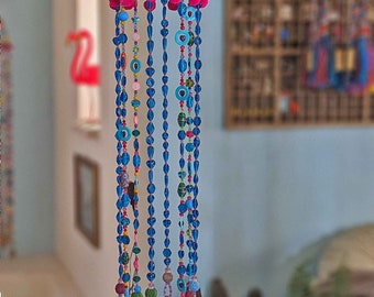 Eclectic home décor, Beaded sun catcher, Turquoise Green, Aqua Blue  and Phushsia Bohemian mobile Wind Chimes with Brass Bells