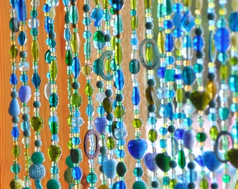 unique home decorBeaded Curtains In shadows of Blue Turquoise green & transparent
