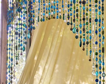 Arch Shape Beaded Curtain In shadows of Blue, Turquoise green & transparent-(Made To Order)