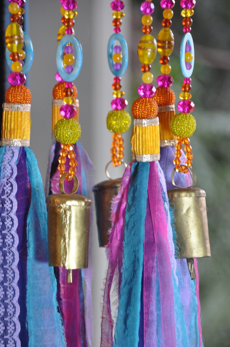 Colorful Sun Catcher Beaded Mobile With Brass Bells and Fabric Etsy