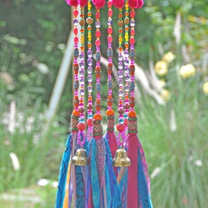 Beaded Wind Chime: Fuchsia, Turquoise, Orange Glass Beads & Bells