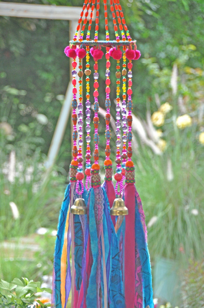 Beaded Wind Chime: Fuchsia, Turquoise, Orange Glass Beads & Bells