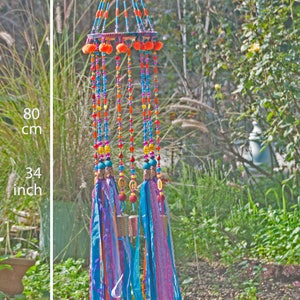 Beaded Wind Chime: Fuchsia, Turquoise, Orange, Fabric Tassels, Boho Decor