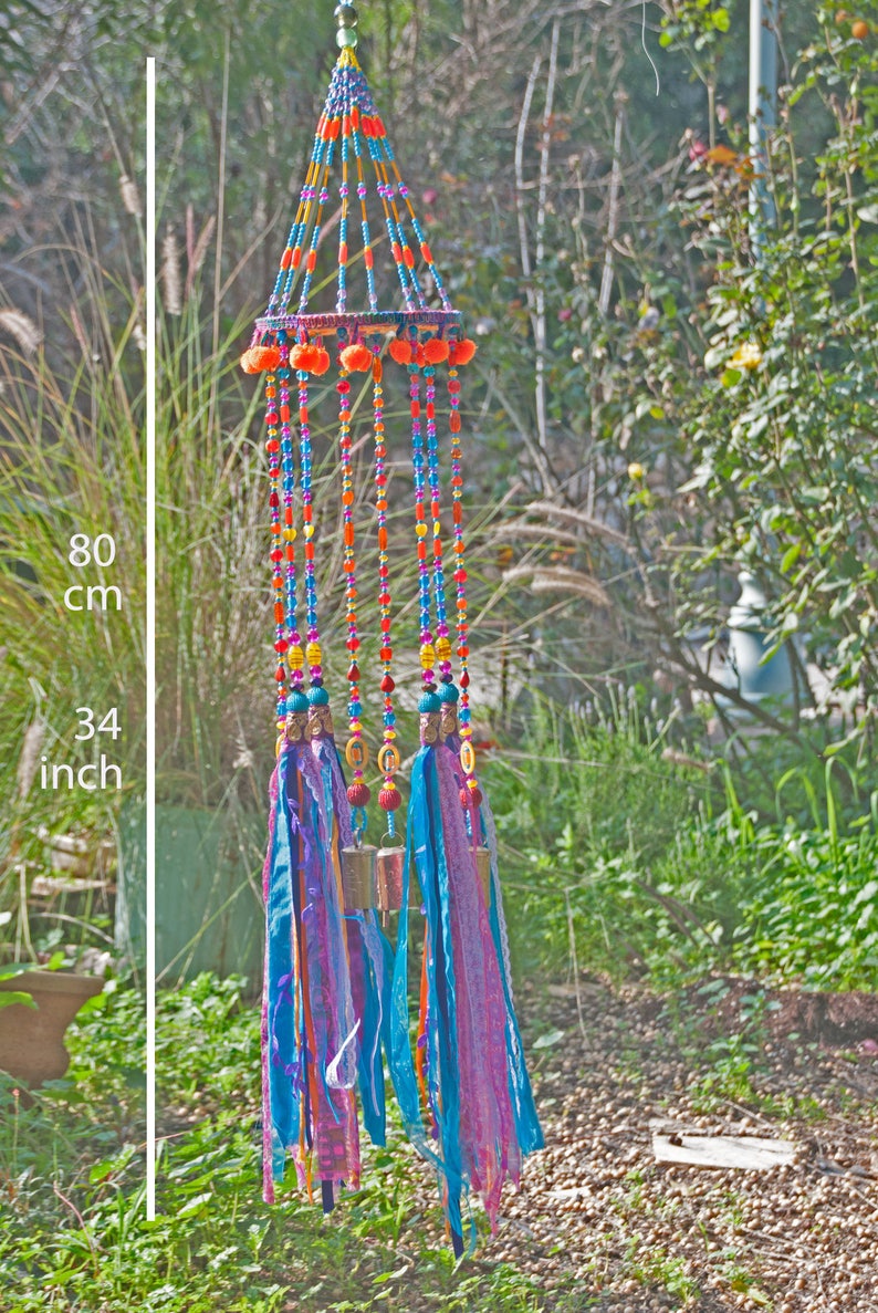 Beaded Wind Chime: Fuchsia, Turquoise, Orange, Fabric Tassels, Boho Decor