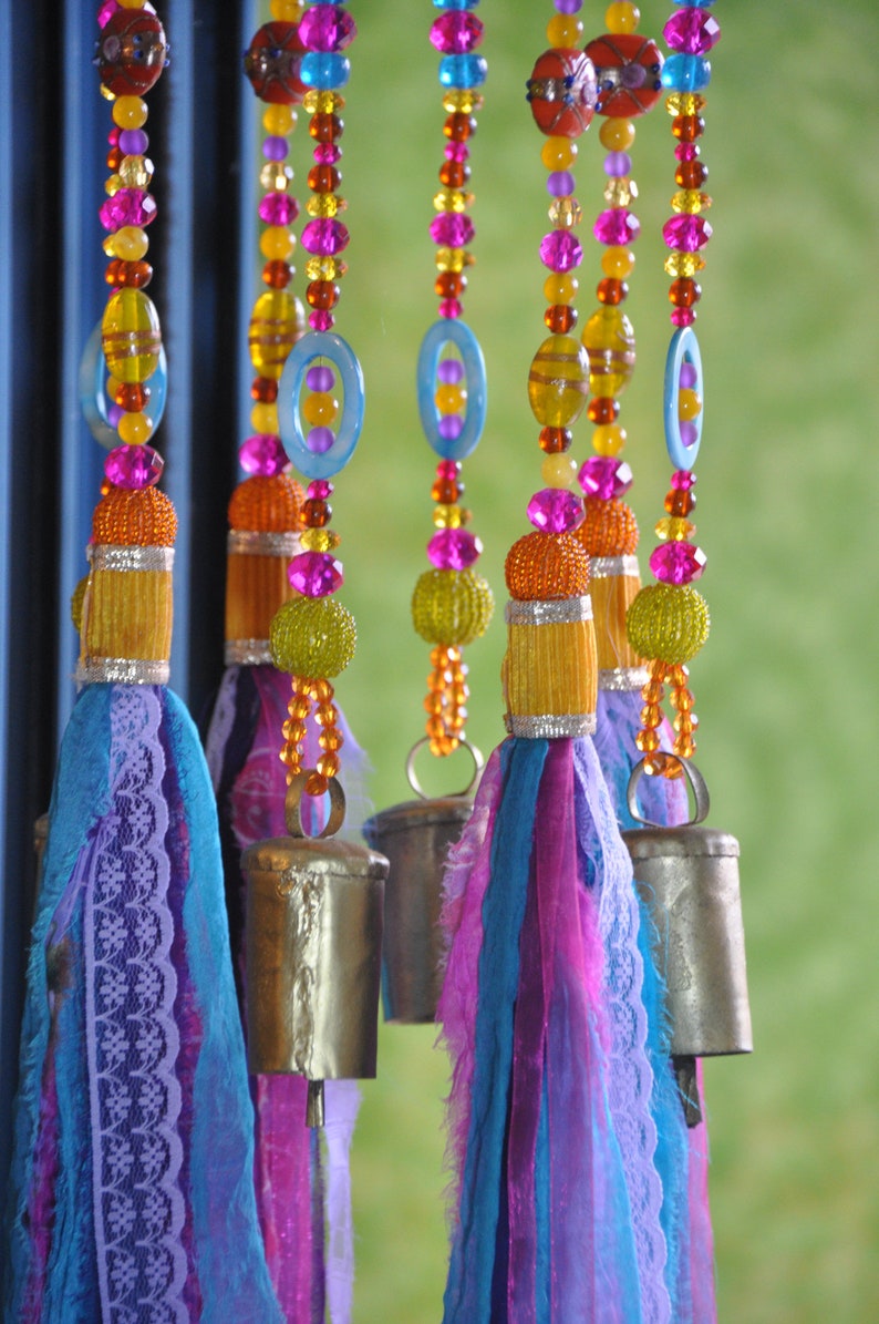 Colorful Sun Catcher Beaded Mobile With Brass Bells and Fabric Etsy