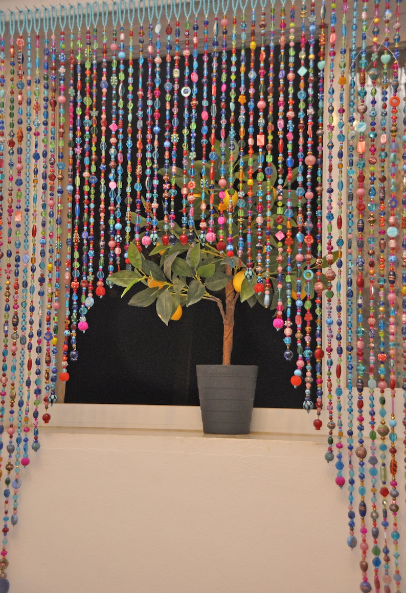 Artistic Beaded Doorway Curtain: Turquoise, Pink, Gold Arch