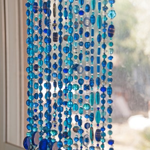 Blue Beaded Curtain: Boho Home Decor, Window or Wall Hanging