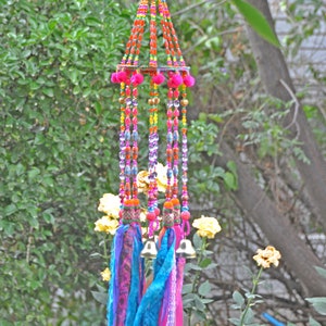 Beaded Wind Chime: Fuchsia, Turquoise, Orange Glass Beads & Bells