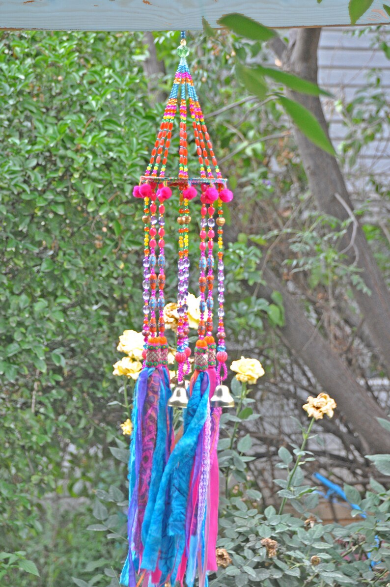 Beaded Wind Chime: Fuchsia, Turquoise, Orange Glass Beads & Bells