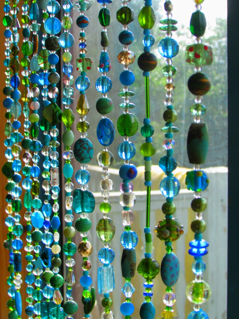 Unique home decor, Beaded Curtains In shadows of Blue Turquoise green & transparent, Happy Home Accent, Art Hanging, Unique Home Piece image 3