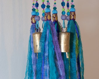 Unique Home Decor Turquoise Green  and Purple Wind Chime Suncatcher Mobile with fabric tassels and brass bells (made to order)