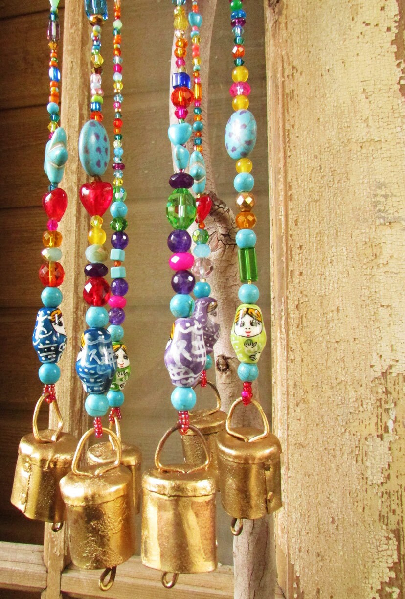 Mini Brass Sun Wind Chime w/ colorful beads & bells Indoor/Outdoor 