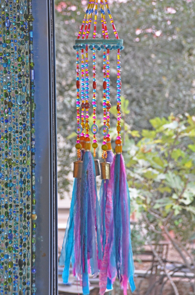 Colorful Sun Catcher Beaded Mobile With Brass Bells and Fabric Etsy