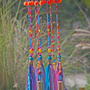 Beaded Wind Chime: Fuchsia, Turquoise, Orange, Fabric Tassels, Boho Decor
