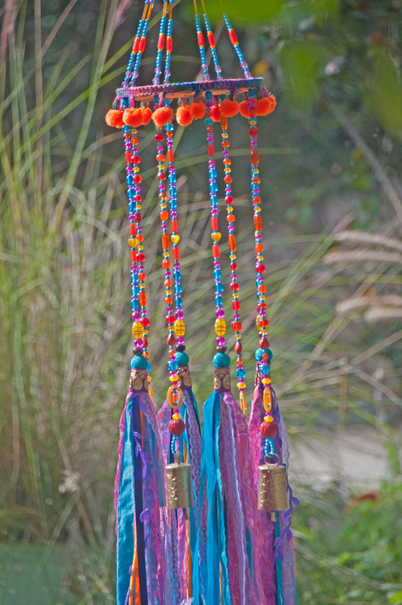 Beaded Wind Chime: Fuchsia, Turquoise, Orange, Fabric Tassels, Boho Decor