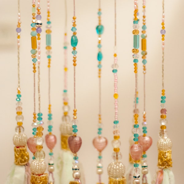 unique home decorPastel Glass Beaded Bohemian Wind Chime With Brass Bells And Fabric Tassels, hand made to order