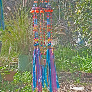 Beaded Wind Chime: Fuchsia, Turquoise, Orange, Fabric Tassels, Boho Decor