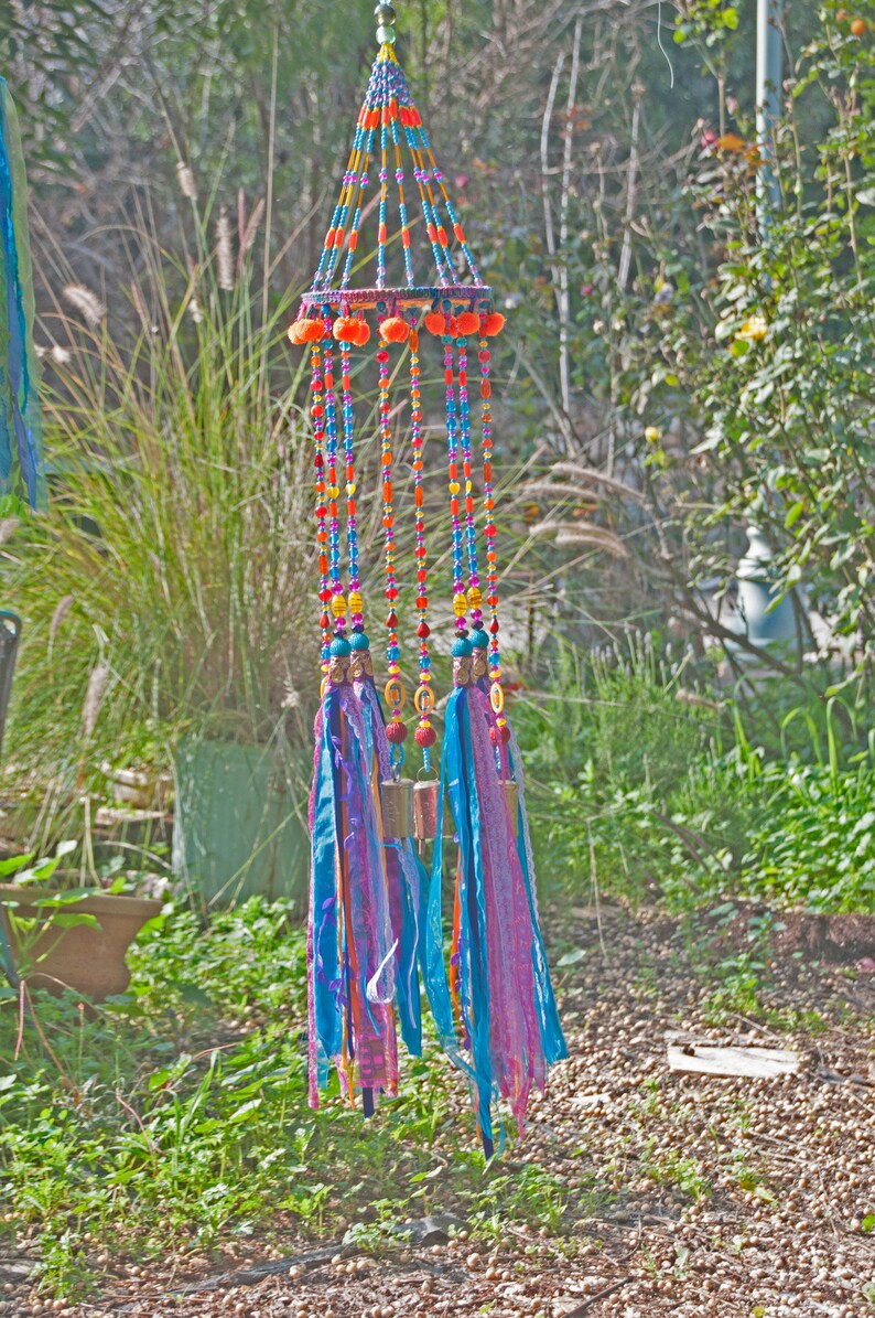 Beaded Wind Chime: Fuchsia, Turquoise, Orange, Fabric Tassels, Boho Decor
