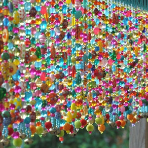 Colorful Glass Beaded Window Valance: Boho Sun Catcher with Bells