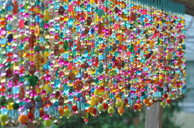 Colorful Glass Beaded Window Valance: Boho Sun Catcher with Bells