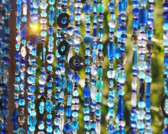 Unique Home Décor, Beaded Curtains In shadows of Blue Turquoise green & transparent