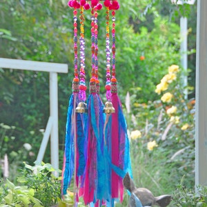 Beaded Wind Chime: Fuchsia, Turquoise, Orange Glass Beads & Bells