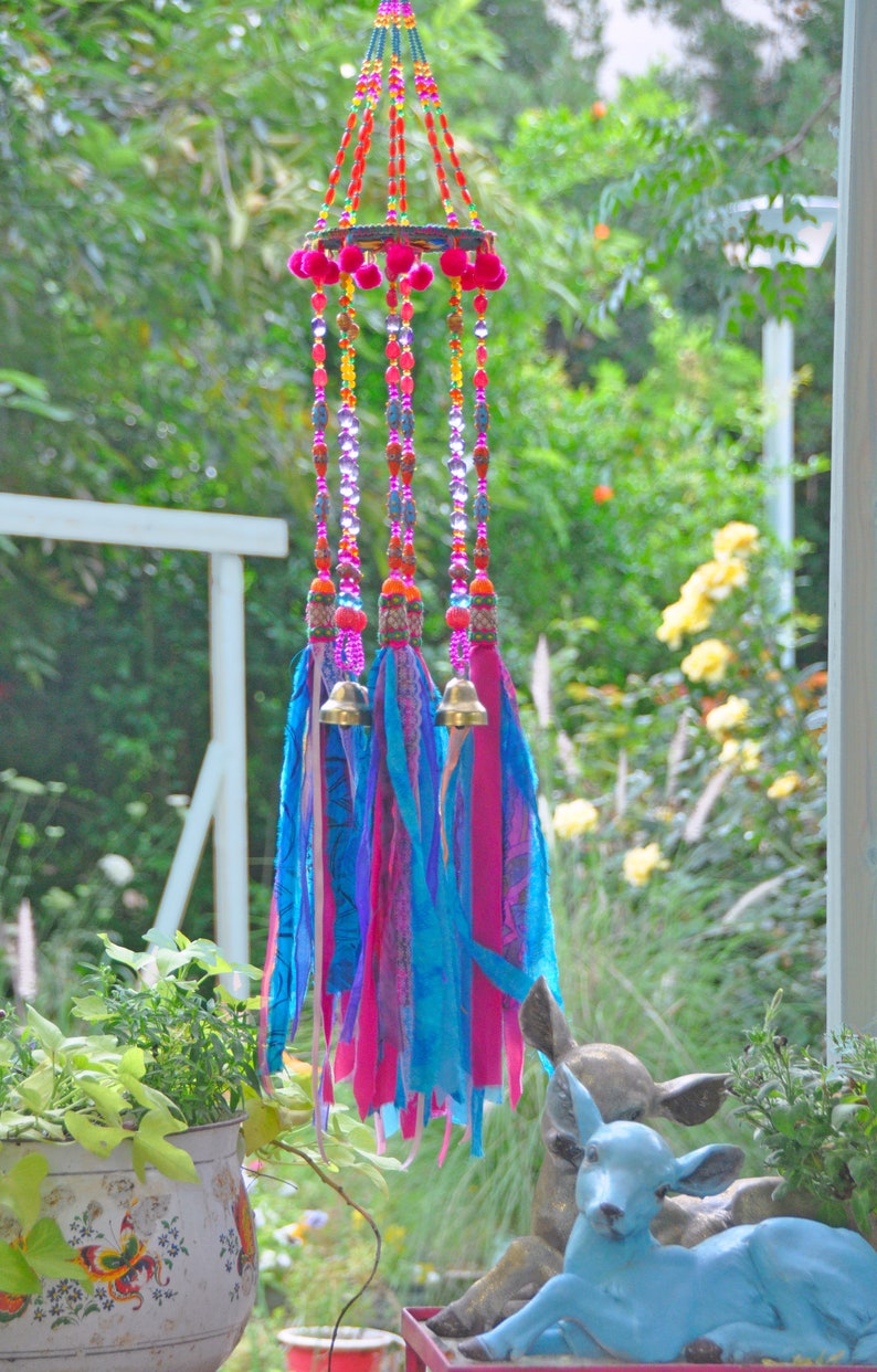 Beaded Wind Chime: Fuchsia, Turquoise, Orange Glass Beads & Bells