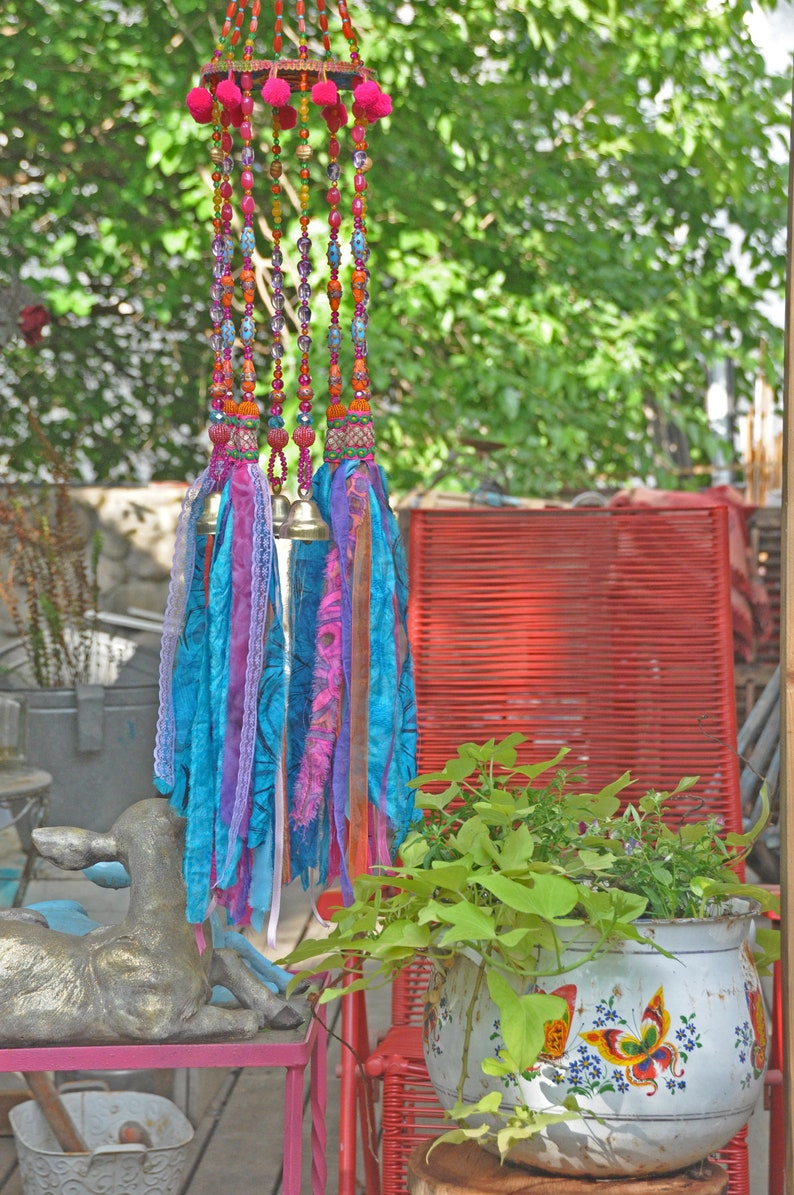 Beaded Wind Chime: Fuchsia, Turquoise, Orange Glass Beads & Bells