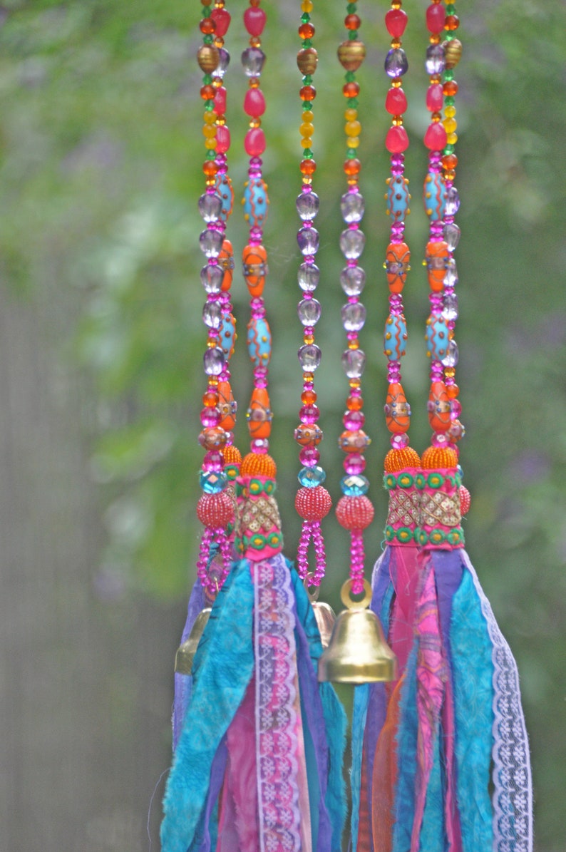 Beaded Wind Chime: Fuchsia, Turquoise, Orange Glass Beads & Bells