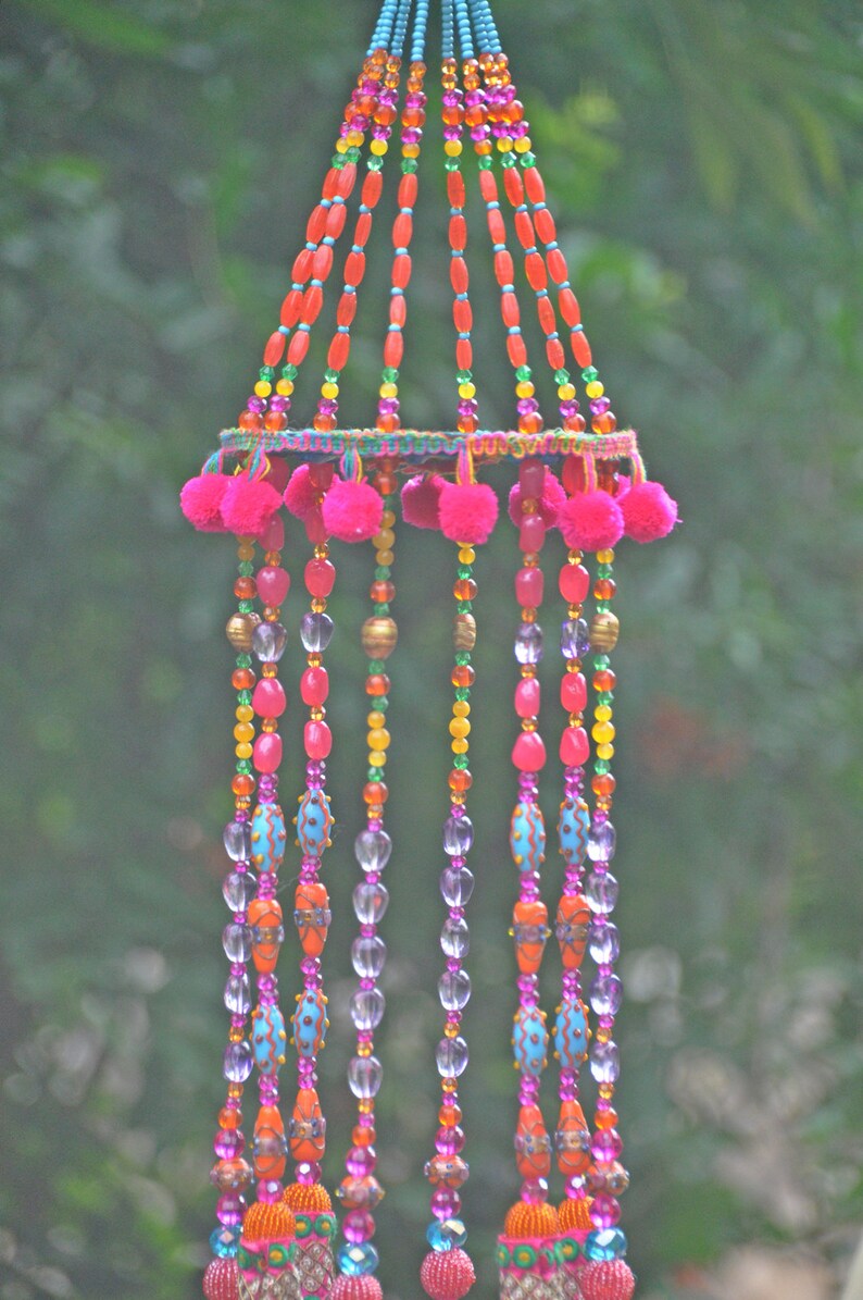 Beaded Wind Chime: Fuchsia, Turquoise, Orange Glass Beads & Bells