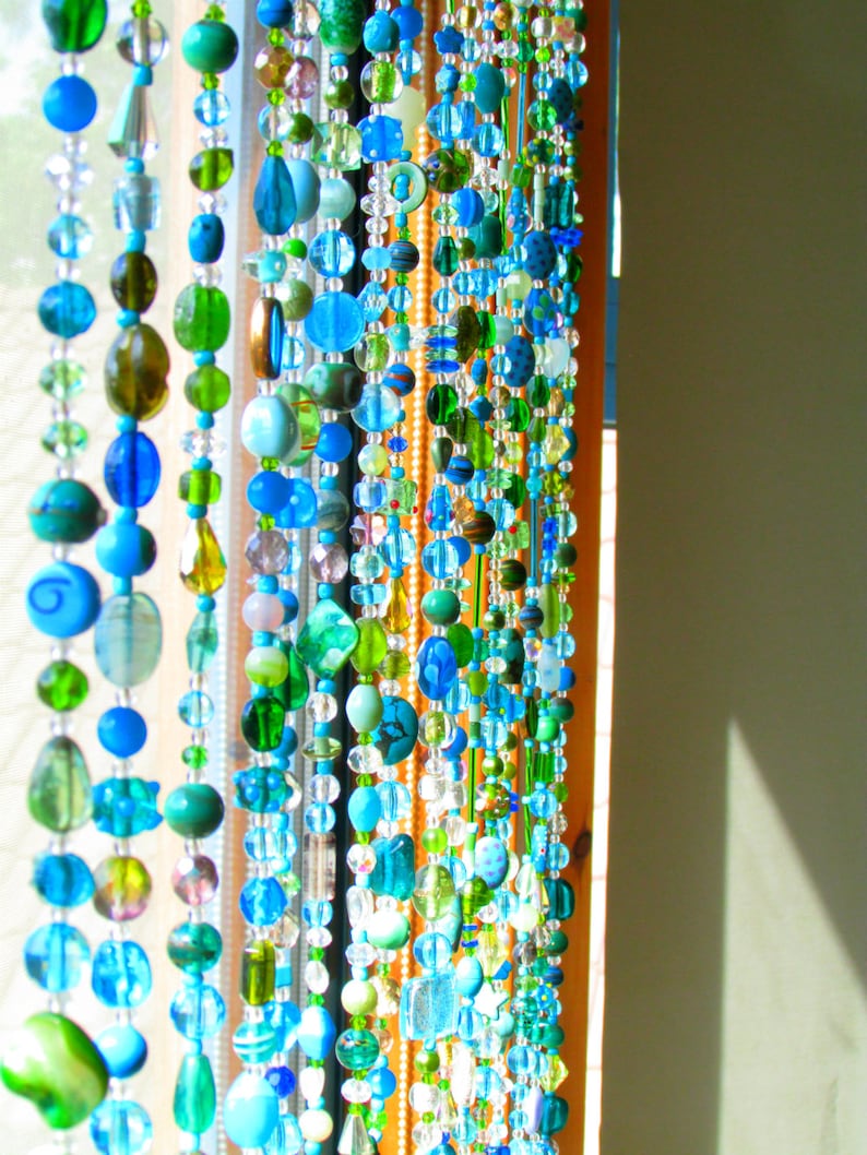 Unique home decor, Beaded Curtains In shadows of Blue Turquoise green & transparent, Happy Home Accent, Art Hanging, Unique Home Piece image 2