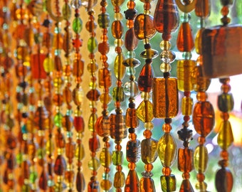 Bohemian Window Beaded Curtain in Shadows of Brown Amber Gold and Touches of Green