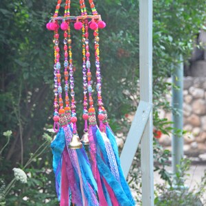 Beaded Wind Chime: Fuchsia, Turquoise, Orange Glass Beads & Bells