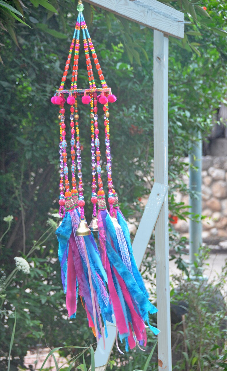 Beaded Wind Chime: Fuchsia, Turquoise, Orange Glass Beads & Bells